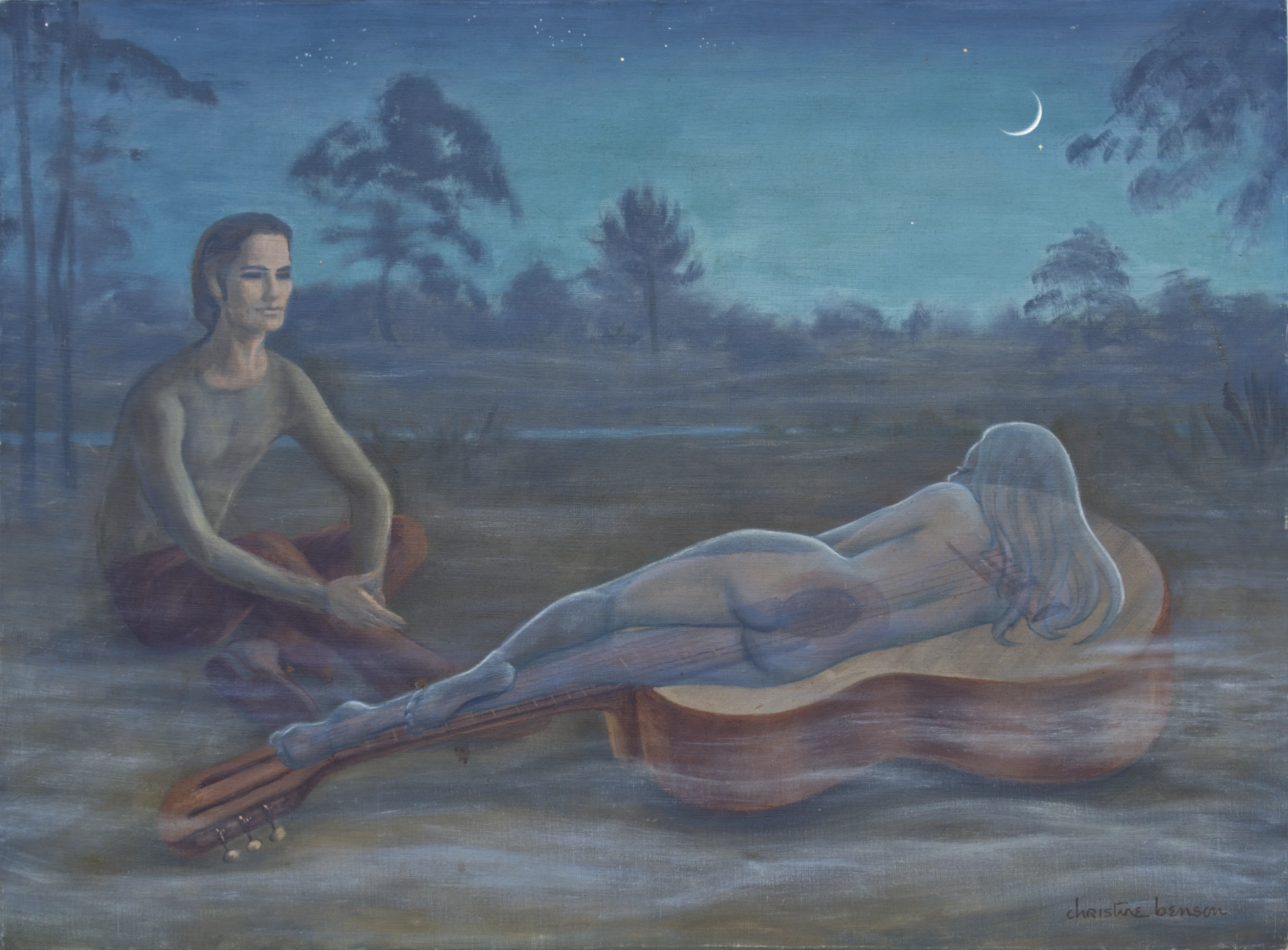Serenade a painting of young man at night looking at his guitar imagining a beautiful woman