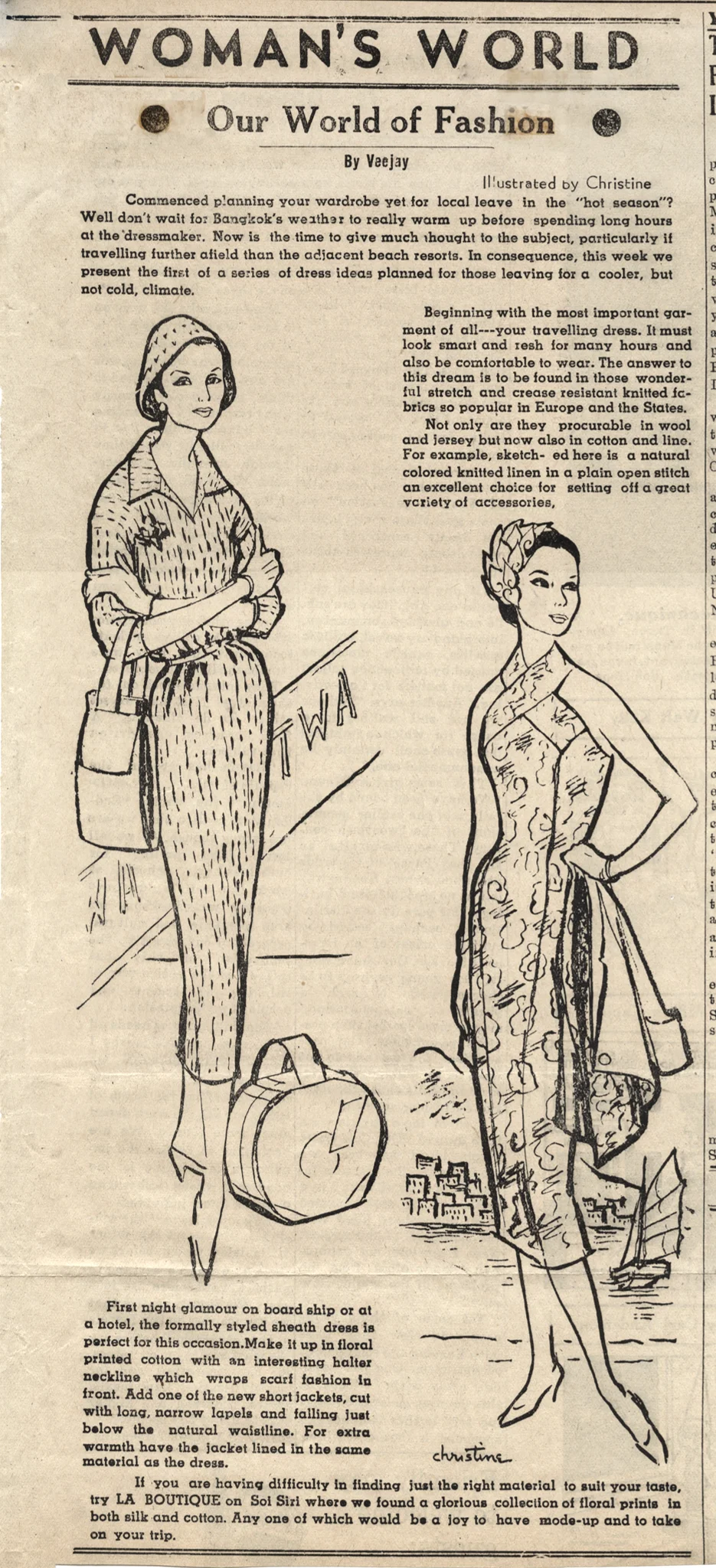 Bangkok World 1958 - Woman's World - Our World of Fashion newspaper article