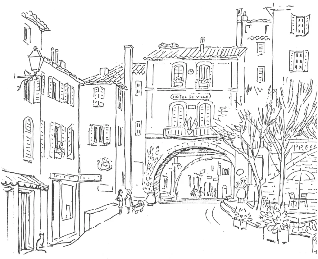 A black and white line drawing of the La Mairie, Fayence reproduced as a card