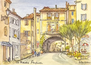 A water colour painting of the La Mairie, Fayence reproduced as a color postcard