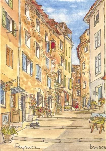 A printed colour card of Fayence - Rue du Chateau