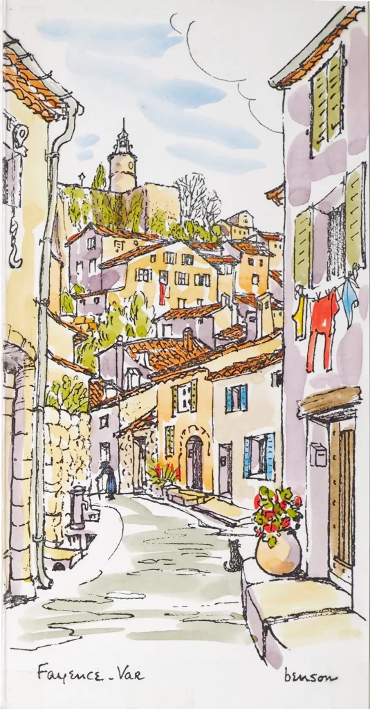 A watercolor and line drawing of Provencal village