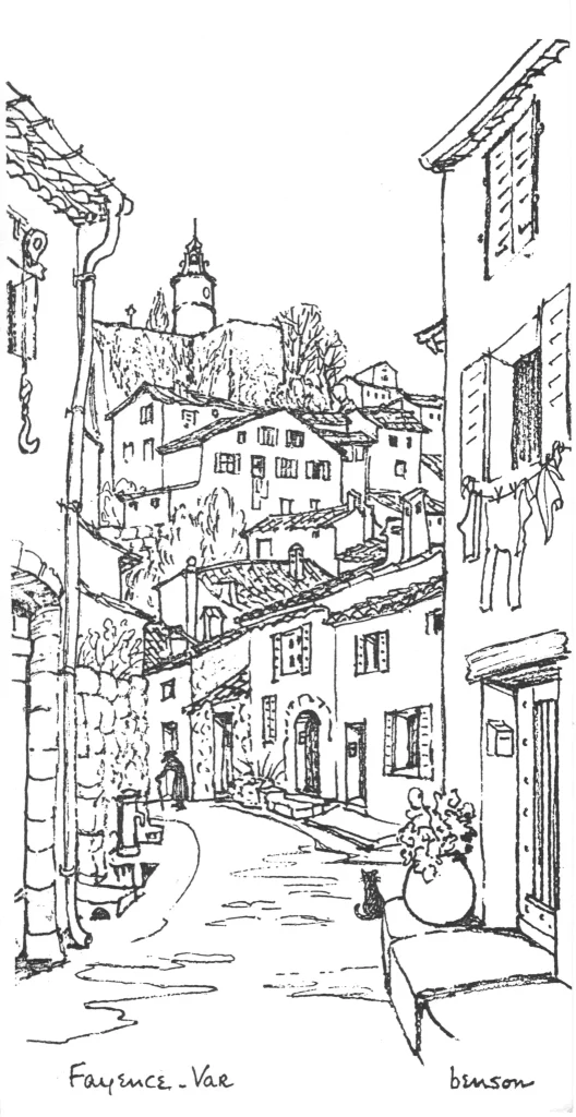 A black and white line drawing of Provencal village