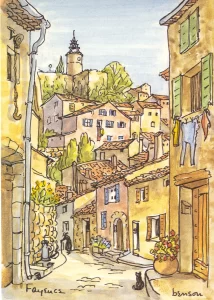 A postcard depicting a watercolor painting of a Provencal village scene,