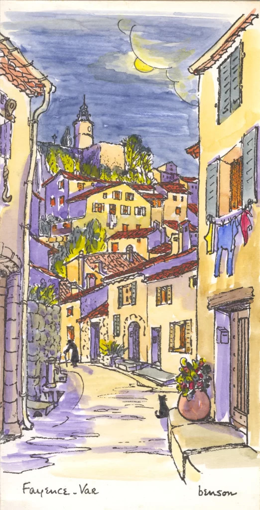 Fayence-Var hand painted card rendered as a night scene