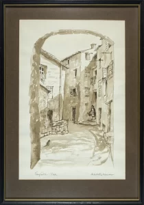 A sepia monotone painting of a Fayence street scene