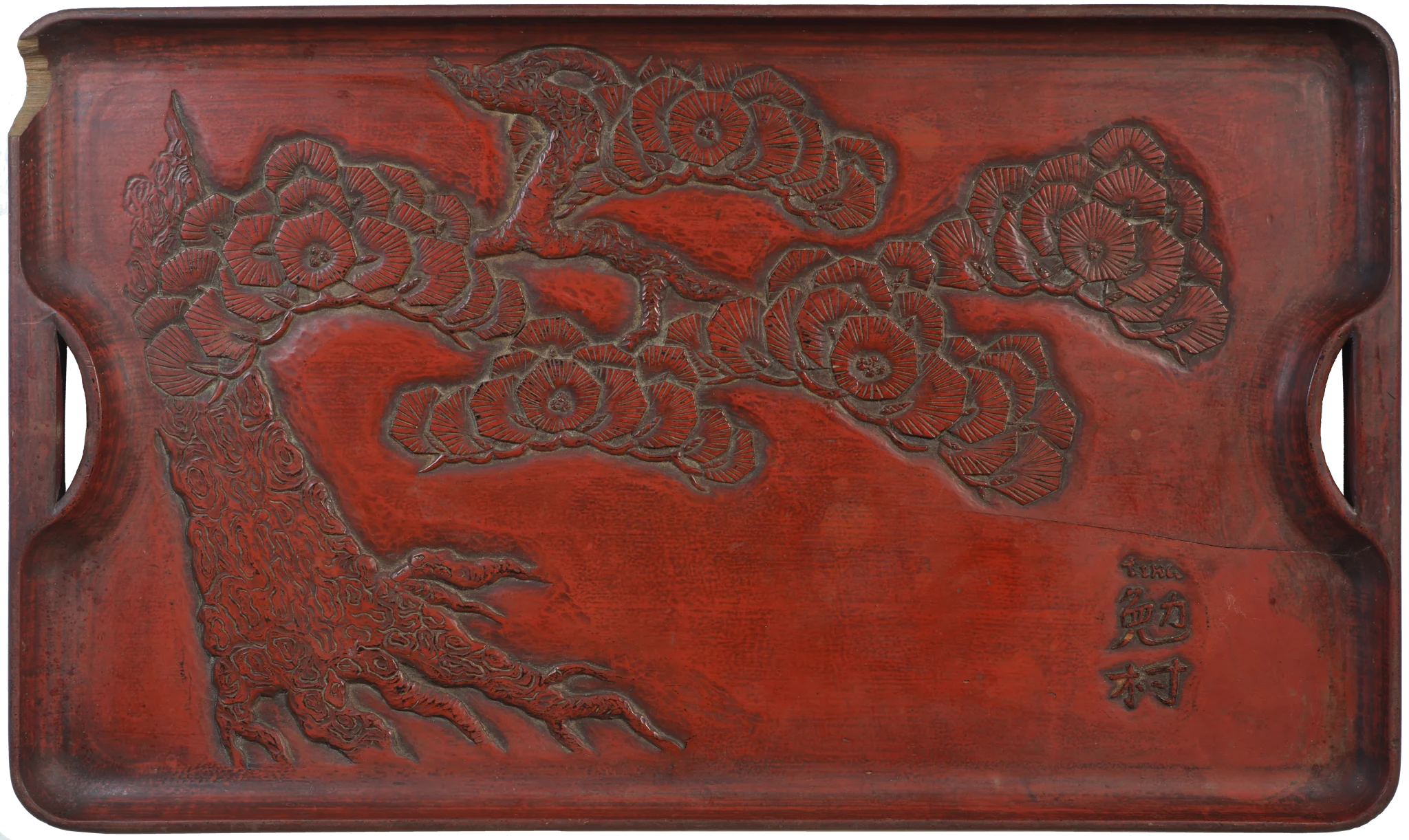 Large Carved wooden tray depicting Peonies