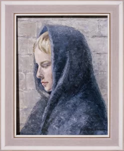 Grief is a painting of a sad looing young woman in a dark blue head scarf.