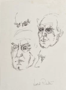 Three practice sketches of Lord Reith draw on a single page