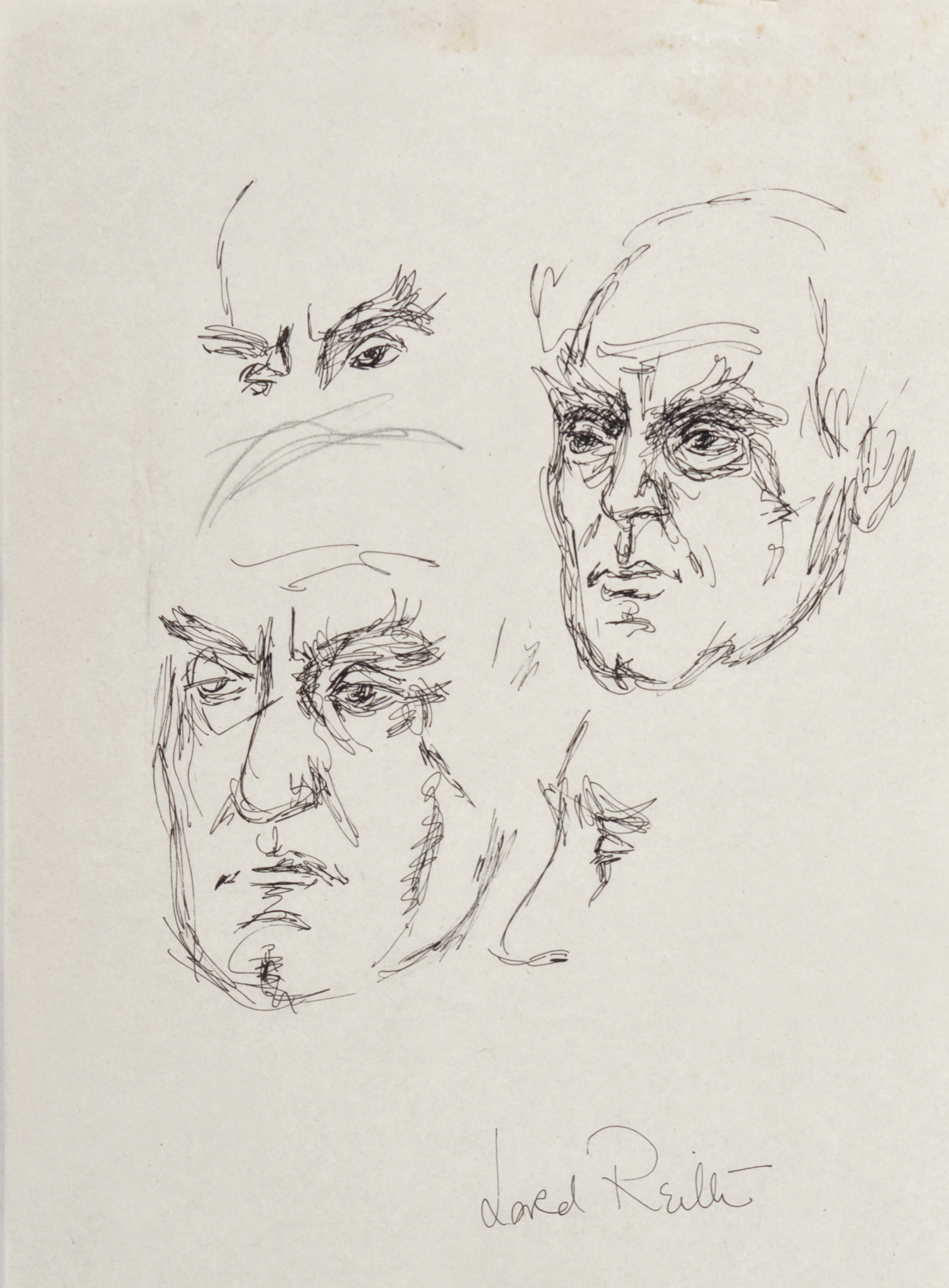 Three practice sketches of Lord Reith draw on a single page