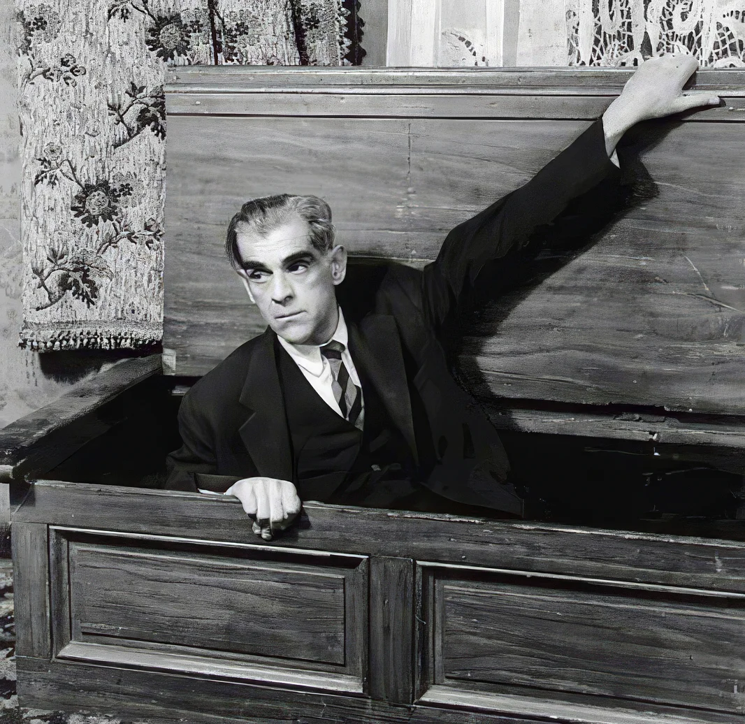 A black and white photograph of Boris Karloff in Arsenic and Old Lace, a publicity still