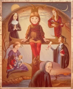 Quo Vadis a painting depicting a young with four possible futures int he background, a mother, a nun, a singer , and a lawyer. Below the future for all an old woman.