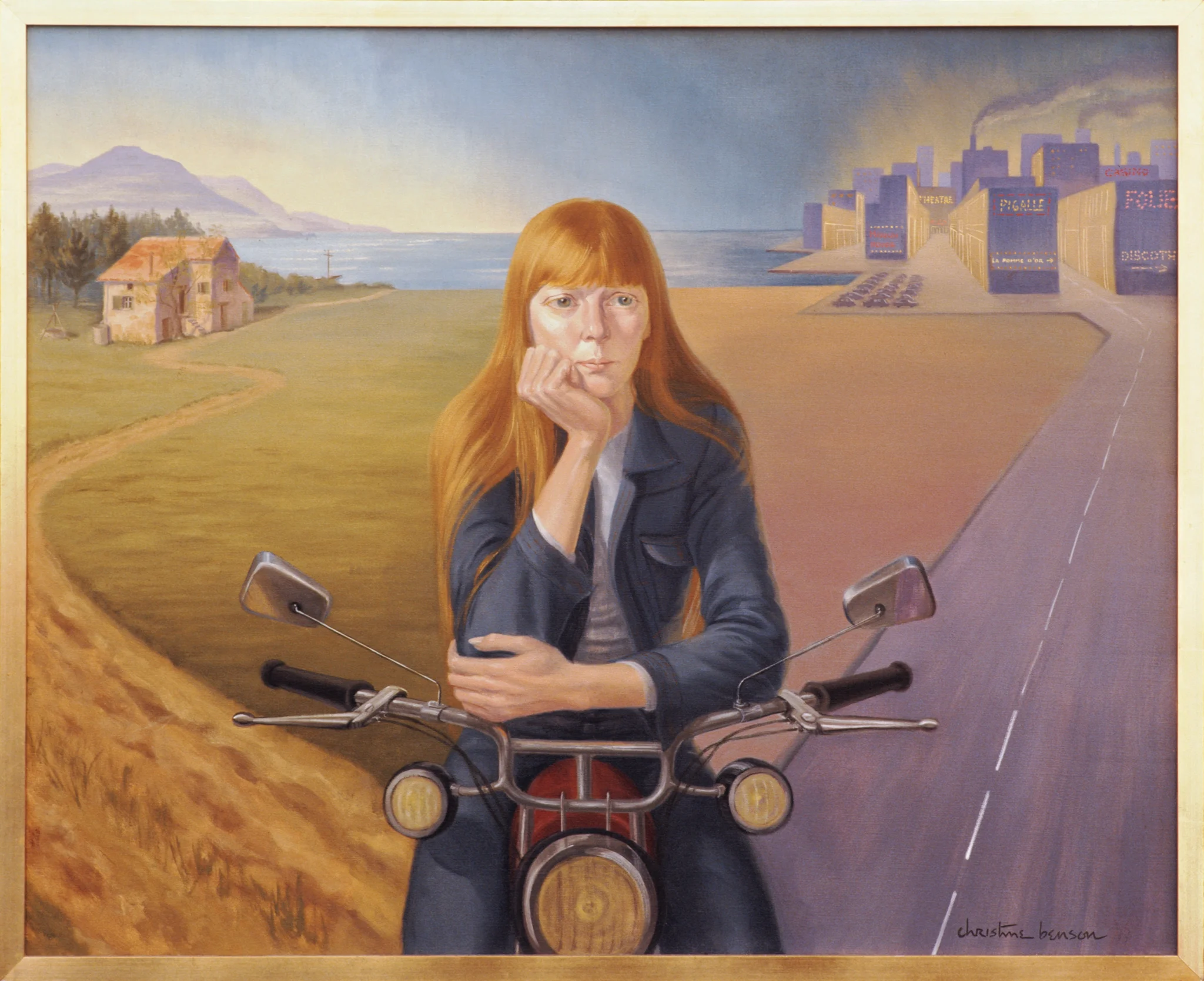 Painting of a young woman on a motorbike in front of her choice between city or country life